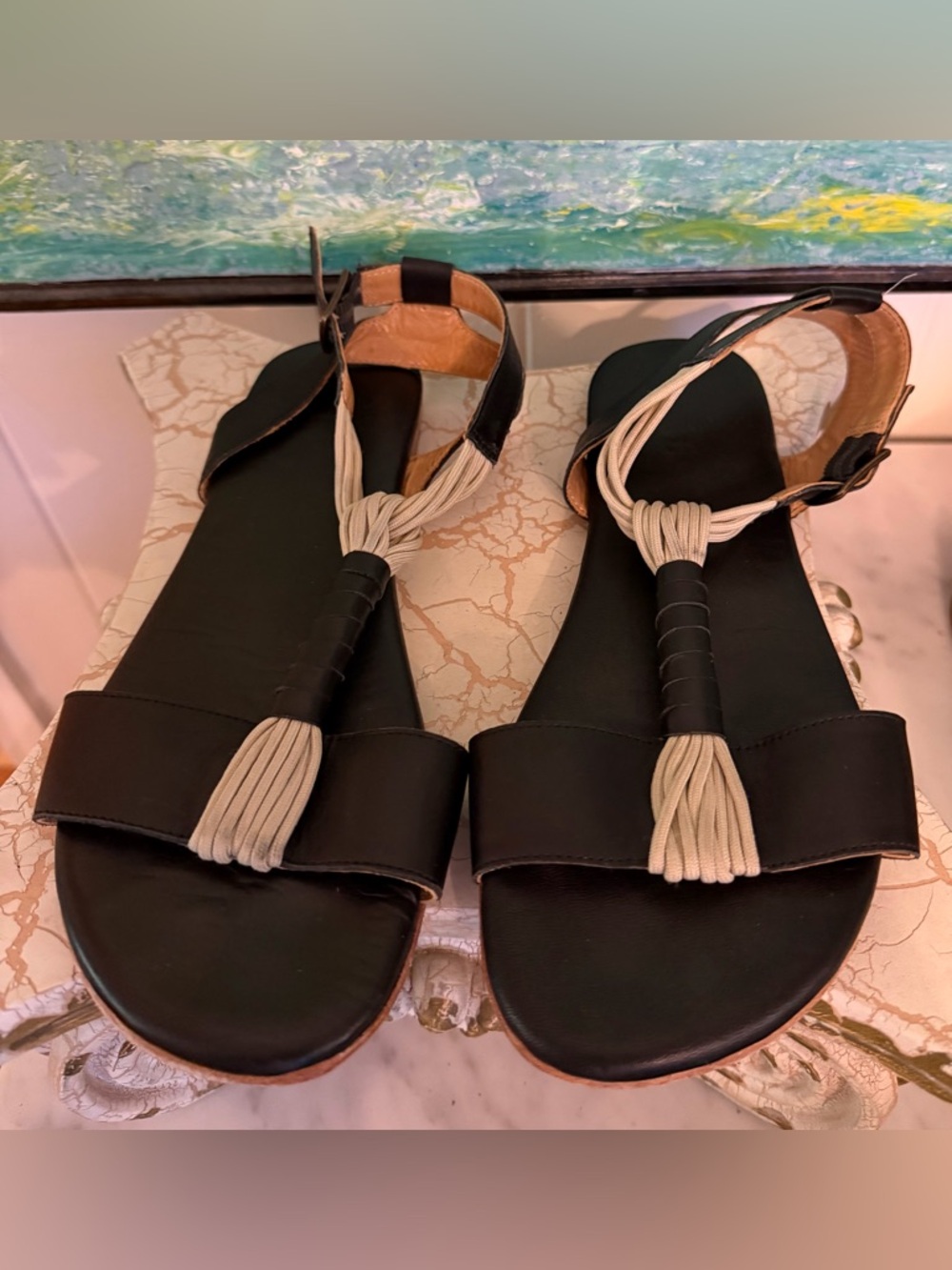 Fiel Brand Black Flat Sandals with Cream Braided Tassels
